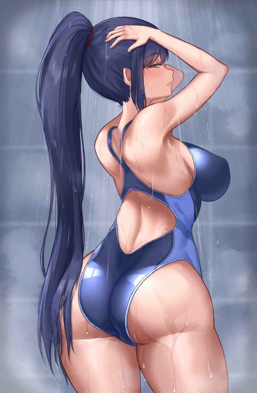 1girls absurdres alternate_hair_length alternate_hairstyle armpits artist_request ass back bare_shoulders blush breasts female female_only from_behind half-closed_eyes highres huge_ass large_breasts light-skinned_female light_skin long_hair looking_at_viewer looking_back nijisanji one-piece_swimsuit ponytail purple_hair shiny_clothes shiny_skin shizuka_rin showering sideboob smile solo swimsuit very_long_hair virtual_youtuber wet yellow_eyes