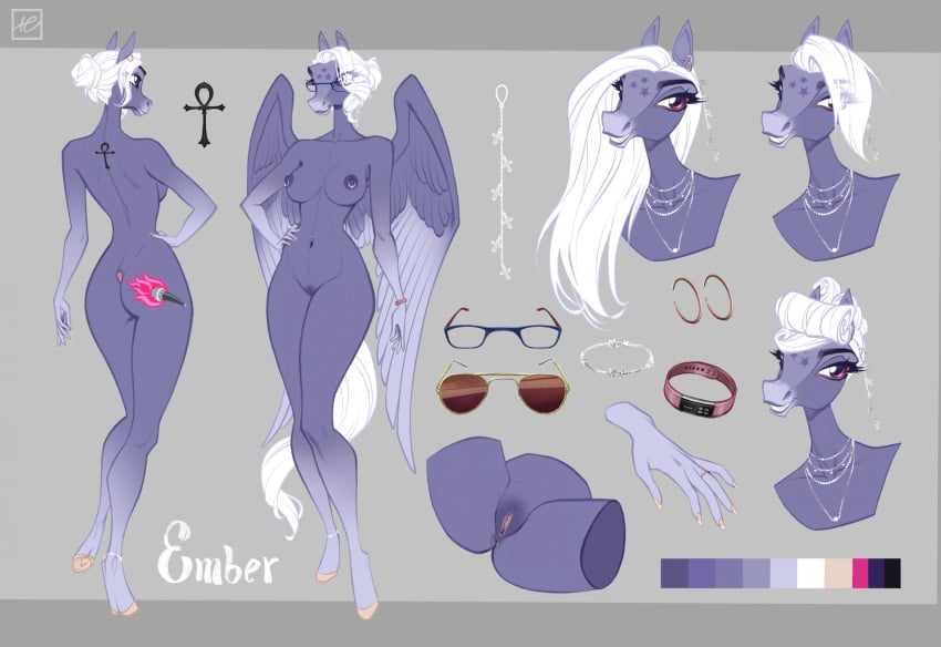 alternate_hairstyle anklet anthro areola ass blue_body blue_fur bracelet cutie_mark ear_piercing ember_(emberisolte) equid equine eyewear female fit_bit fur genitals glasses hair hasbro hi_res holivi hooves jewelry leg_markings mammal markings model_sheet my_little_pony navel navel_piercing necklace nipple_piercing nipples nude pegasus piercing pussy socks_(marking) sunglasses tattoo white_hair wings