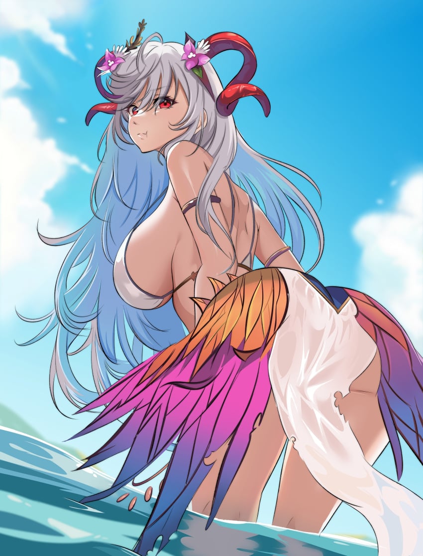 1girls alternate_costume ass azmiyudista big_ass bikini blue_hair breasts colored_inner_hair female female_only fire_emblem fire_emblem_heroes freyja_(fire_emblem) freyja_(summer)_(fire_emblem) grey_hair large_breasts looking_at_viewer looking_back multicolored_hair nintendo ocean official_alternate_costume outdoors pout red_eyes sideboob solo swimsuit white_bikini white_swimsuit zuyuzuyu6