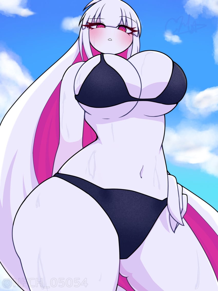 1girls bikini blush clouds colored_inner_hair female fnf_entity friday_night_funkin friday_night_funkin_mod huge_breasts looking_at_viewer low-angle_view mommy navel nfch_05054 nikusa_(sugarratio) pink_eyes pink_hair tagme thick_thighs twitter_username two_tone_hair watermark wet wet_body white_hair white_skin