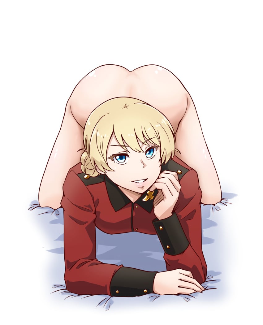 1girls all_fours ass bed_sheet big_ass big_breasts blonde_hair blue_eyes bottomless braid breasts busty come_hither cropped_legs darjeeling female female_only girls_und_panzer hand_on_own_arm highres jacket large_breasts looking_at_viewer military military_uniform no_pants on_bed parted_lips pose posing red_jacket satou_yasu seductive seductive_smile sensual short_hair smile solo uniform voluptuous