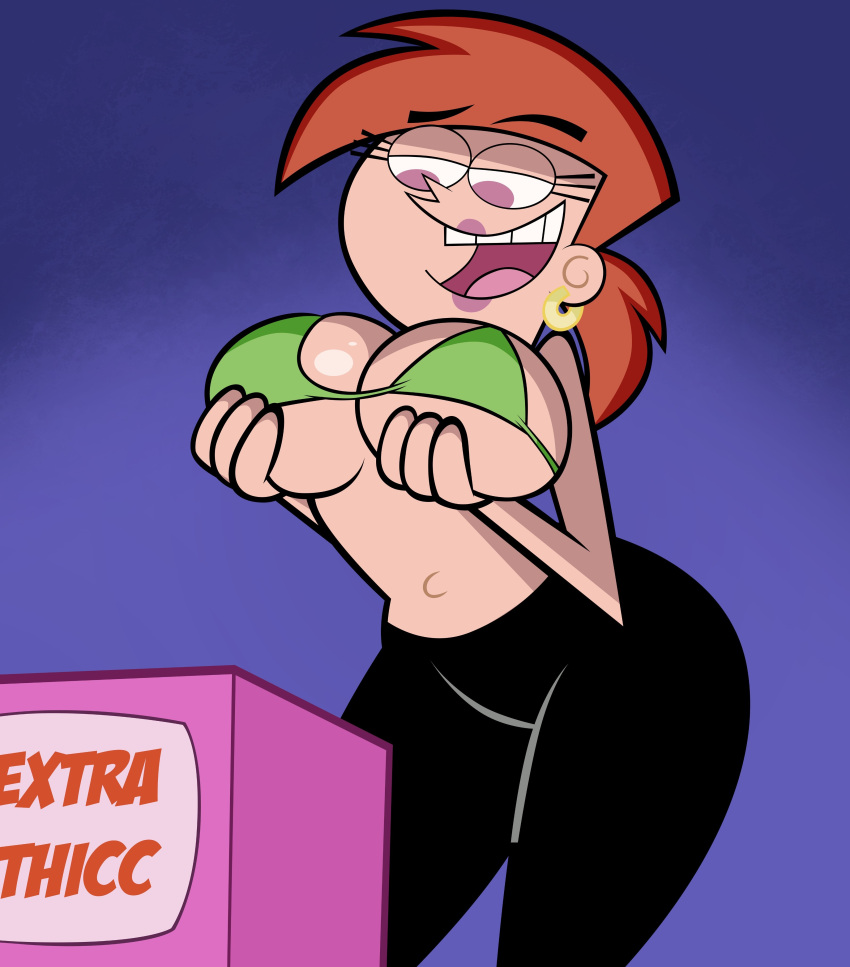 accurate_art_style aged_up belly_button big_breasts black_pants breasts earrings eyelashes female female_only green_bra grimphantom large_breasts lipstick midriff navel nickelodeon pink_eyes ponytail red_hair straight_hair the_fairly_oddparents thick_thighs vicky_(fairly_odd_parents) wide_hips