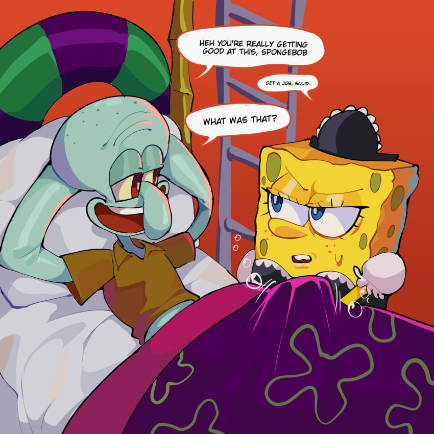 2boys canon_crossdressing crossdressing diforland english_text enmaided erection erection_under_blanket gay handjob handjob_under_clothes humor maid maid_uniform male male/male male_focus octopus sea_sponge smug spongebob_squarepants spongebob_squarepants_(character) squidward_tentacles yaoi