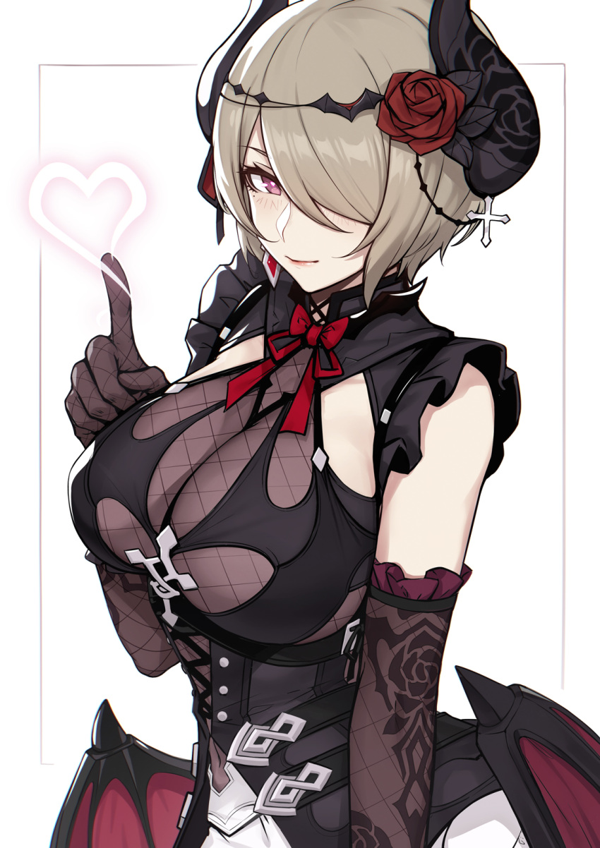 1girls cleavage evan_yang female female_only gloves gothic hair_ornament heart honkai_(series) honkai_impact horns large_breasts looking_at_viewer opera_gloves pale_skin red_eyes rita_rossweisse rose short_hair solo wings