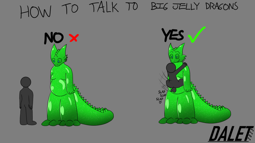 absurd_res anthro balls belly_hump belly_humping daletfours dragon faceless_character faceless_male genitals goo_creature goo_dragon green_body hi_res honeydew_(daletfours) how_to_talk_to_short_people humanoid humor humping male male/male meme moobs navel_fetish navel_penetration nude overweight overweight_male penetrating_slime penetration simple_background size_difference slime