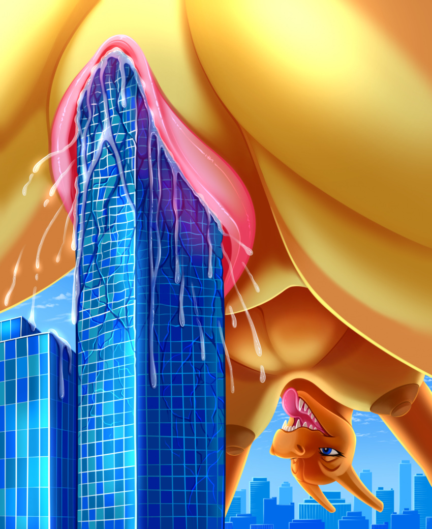 2023 anthro areola assisted_masturbation blue_eyes bodily_fluids breasts building building_destruction building_sex chari-gal charizard city digital_media_(artwork) fan_character female furrypur generation_1_pokemon genital_fluids genitals hi_res lizardon looking_back macro nintendo nipples open_mouth orange_body pokemon pokemon_(species) pussy pussy_juice sharp_teeth skyscraper solo teeth tongue tongue_out