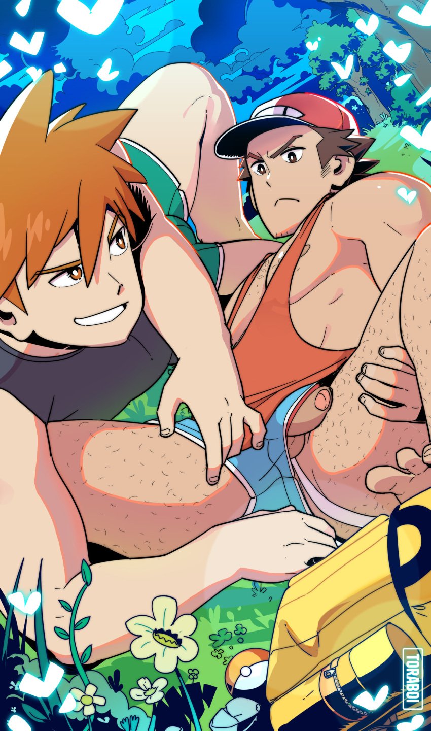 2boys 69 blue_oak body_hair chest_hair freeballing gay male male/male male_only nipples pecs penis_peek penis_through_leghole pokemon pokemon_sm red_(pokemon) tank_top toraboi underwear yaoi