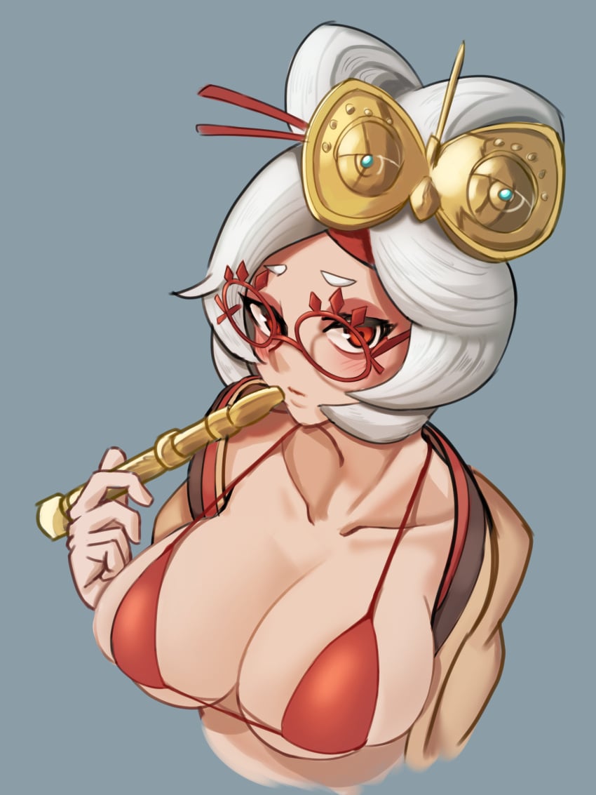 1girls alternate_version_available big_breasts bikini bikini_top blush breast_focus breasts cleavage dadada_(hukutsu_bot) eyewear female female_only hair hair_ornament huge_breasts nintendo purah purah_(tears_of_the_kingdom) red_bikini_top red_glasses solo solo_female tears_of_the_kingdom the_legend_of_zelda topwear white_hair