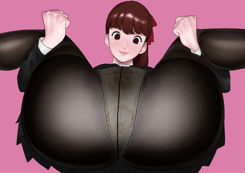 anal_juice anus_outline ass_focus brown_eyes brown_hair large_anus panties pantyhose pixiv_id_1711102 plow_pose ponytail pussy_juice school_uniform skirt smelly_pussy smiling stained_panties tagme 高校パンチ