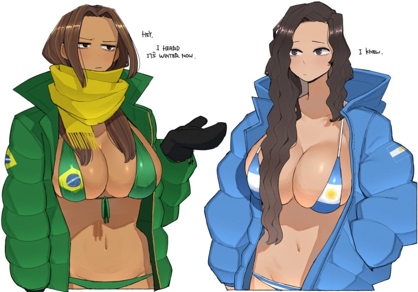 2d 2girls argentina argentina_(ohasi) argentine_flag argentinian_flag_bikini big_breasts bikini black_hair black_mittens blush brazil brazil_(ohasi) brazilian_flag brazilian_flag_bikini breasts breasts_bigger_than_head brown_body brown_skin coat dark-skinned_female dark_skin emotionless english_text expressionless female female_focus female_only flag flag_bikini flag_print green_coat green_jacket irritated jacket light-blue_coat light-blue_jacket long_hair mini_bikini mittens multiple_girls navel ohasi open_coat open_jacket scarf small_bikini sweater swimsuit talking text yellow_scarf