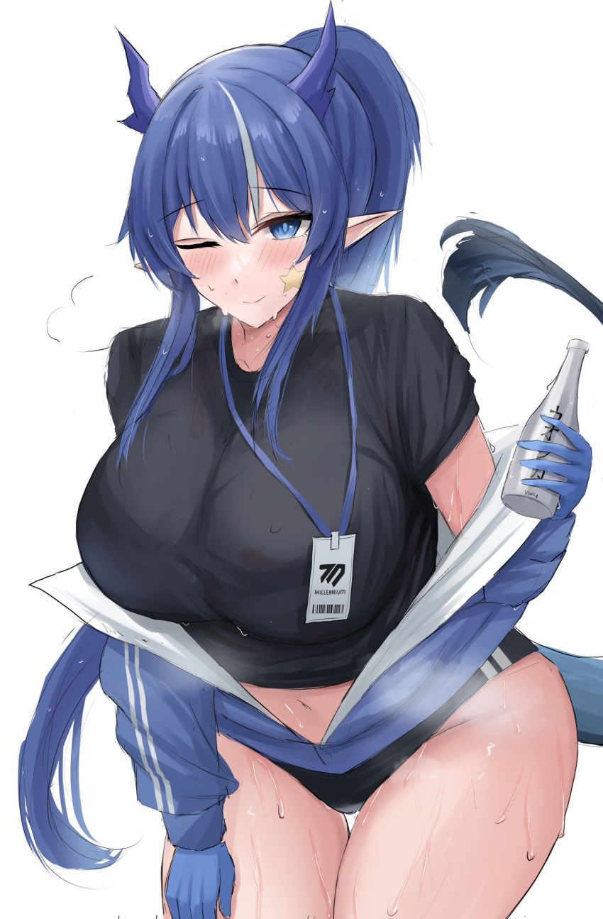 1girls arknights big_breasts big_thighs blue_eyes blue_hair blush bottle curvaceous curvy dragon_girl dragon_horns enormous_breasts female female_only functionally_nude giant_breasts gigantic_breasts hair_between_eyes horns huge_breasts huge_thighs hyper_breasts large_breasts large_thighs light-skinned_female light_skin ling_(arknights) massive_breasts massive_thighs namikare partially_clothed pointy_ears ponytail posing seductive seductive_eyes seductive_gaze seductive_look seductive_mouth seductive_pose seductive_smile smile smiling smiling_at_viewer solo solo_female sportswear steam steaming_body sweat sweatdrop sweating tagme tail thick_thighs thighs two_tone_hair voluptuous white_hair wide_thighs wink winking_at_viewer