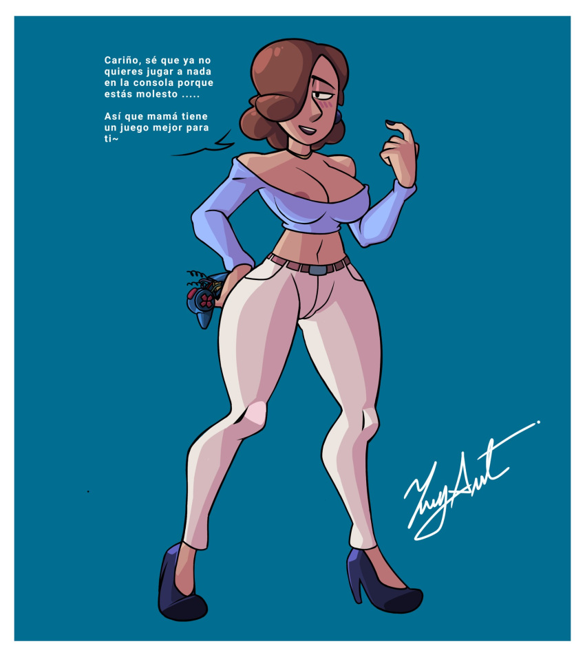 ass big_ass big_breasts blue_background blue_topwear blush blushing breasts brown_hair high_heels hilda_(series) jeans johanna_(hilda) joystick large_ass large_breasts light-skinned_female light_skin looking_at_viewer navel nipples one_eye_covered one_eye_obstructed pants pink_nipples shoes short_hair spanish_text text thick thick_ass thick_body thick_breasts thick_butt thick_hips thick_legs thick_thighs thighs topwear translated voluptuous voluptuous_female white_background white_jeans white_pants wide_hips zeusart