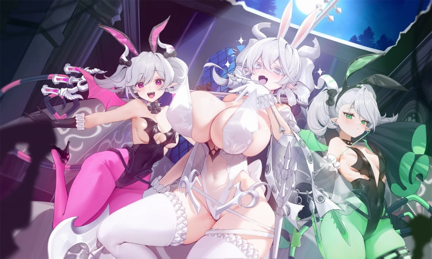 3girls alternate_breast_size ariane_the_labrynth_servant arianna_the_labrynth_servant big_breasts blank_stare breasts bunny_ears bunny_girl bunnysuit cleavage curvy demon_girl detached_collar drill_hair fake_animal_ears female female_focus female_only gloves height_difference high_heels horns huge_breasts labrynth_of_the_silver_castle large_breasts leotard looking_at_viewer lovely_labrynth_of_the_silver_castle mature_female navel open_mouth pale-skinned_female pale_skin pantyhose pointy_ears short_hair silver_hair slow740 small_breasts smug smug_face solo spiked_collar thick_thighs thighhighs twin_drills wide_hips younger_female yu-gi-oh!