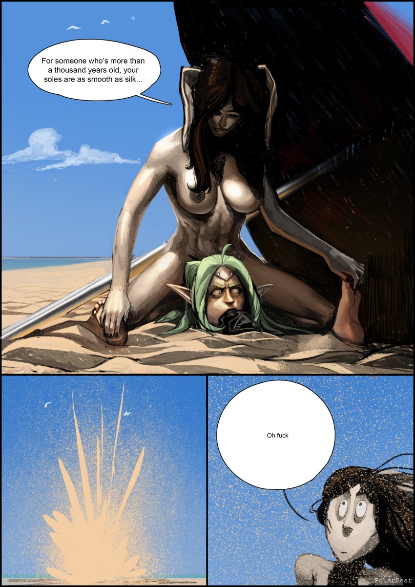 2girls abs beach bondage bound buried_in_sand comic dialogue dragon_girl english_text feet femdom femsub fire_emblem fire_emblem_awakening girl_abs green_hair lezdom manakete multiple_girls muscular_female nintendo nowi_(fire_emblem) panne_(fire_emblem) pointy_ears polarbearnsfw rabbit_girl restrained soles taguel text tickle_torture tickling tickling_feet umbrella yuri