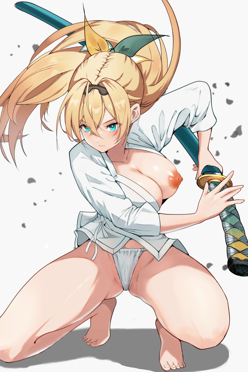 barefoot big_breasts dynamic_pose exposed_breasts hololive hololive_japan holox kazama_iroha revealing_breasts squatting sword virtual_youtuber