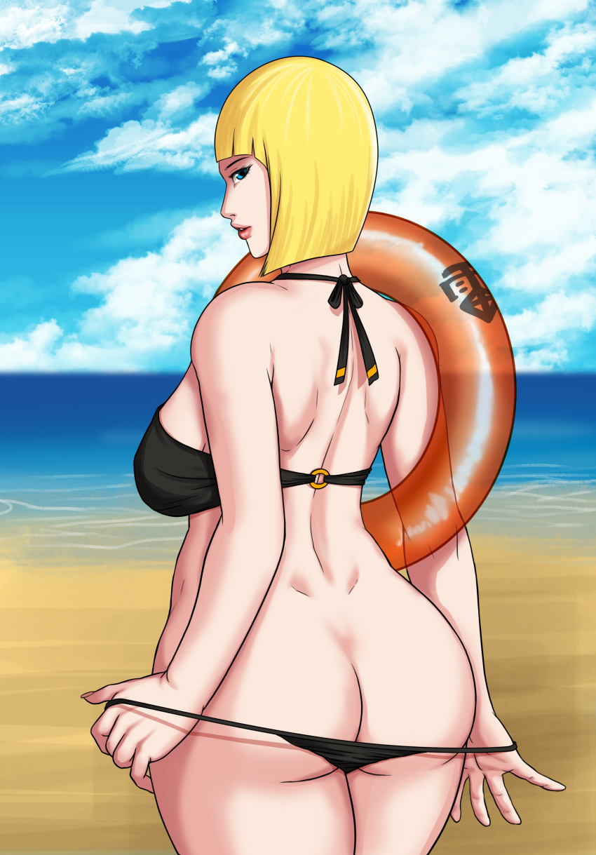 1girls ass ass_focus back_view beach big_ass big_breasts bikini bikini_bottom bikini_bottom_pull bikini_pull bikini_top black_bikini blonde_hair blue_eyes blunt_bangs bob_cut female female_only floater g8xxx huge_breasts inflatable large_breasts legs_together looking_back mature mature_female mooning naruto naruto_(series) naruto_shippuden ocean presenting presenting_ass pulled_by_self rear_view revealing_swimsuit samui sand seaside short_hair solo solo_focus swimsuit thick_thighs thighs undressing voluptuous water