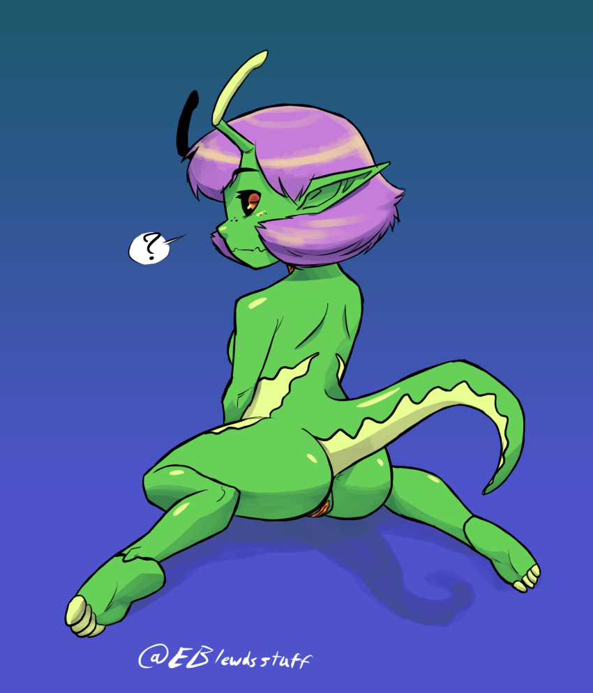 alien alien_humanoid antennae_(anatomy) ass big_butt black_sclera blue_background cybertoxin digitigrade eyelashes female freckles genitals green_body hair hi_res horizontal_pupils humanoid humanoid_pointy_ears looking_at_viewer looking_back looking_back_at_viewer orange_eyes orange_pussy pupils purple_background purple_hair pussy question_mark rear_view simple_background solo speech_bubble thick_body wide_hips xylla_(cybertoxin)