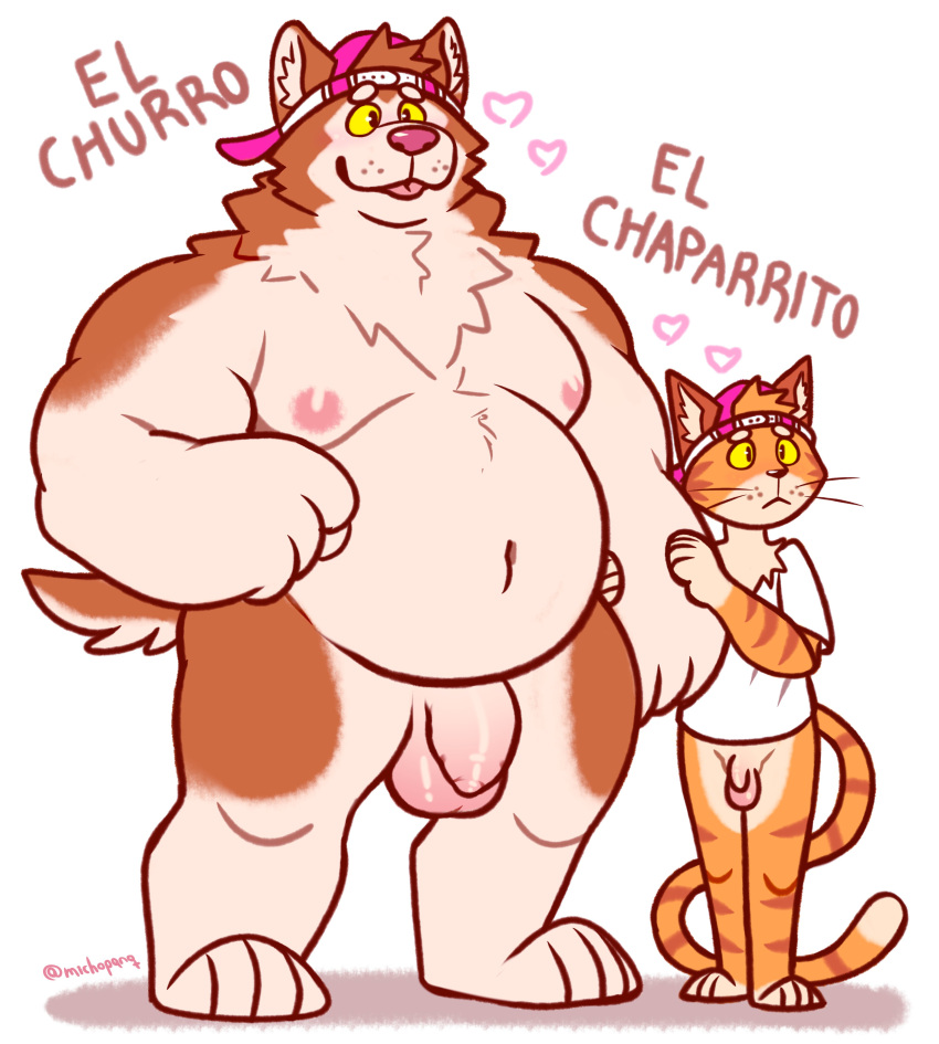 absurd_res anthro balls belly big_belly blep bottomless canid canine canis clothed clothing domestic_cat domestic_dog duo felid feline felis flaccid genitals hat headgear headwear heart hi_res male mammal michopanq navel nipples nude overweight overweight_anthro overweight_male penis simple_background size_difference tongue tongue_out whiskers yellow_eyes