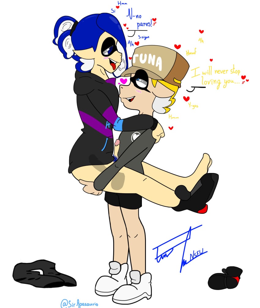 2boys ahe_gao anal_sex apa_(sir_apasaurio) blue_eyes blue_hair clothed clothed_sex cyan_eyes english_text gay inkling inkling_boy male male_only moaning pubic_hair self_insert self_upload sir_apasaurio spanish_text splatoon splatoon_(series) splatoon_3 text yellow_hair