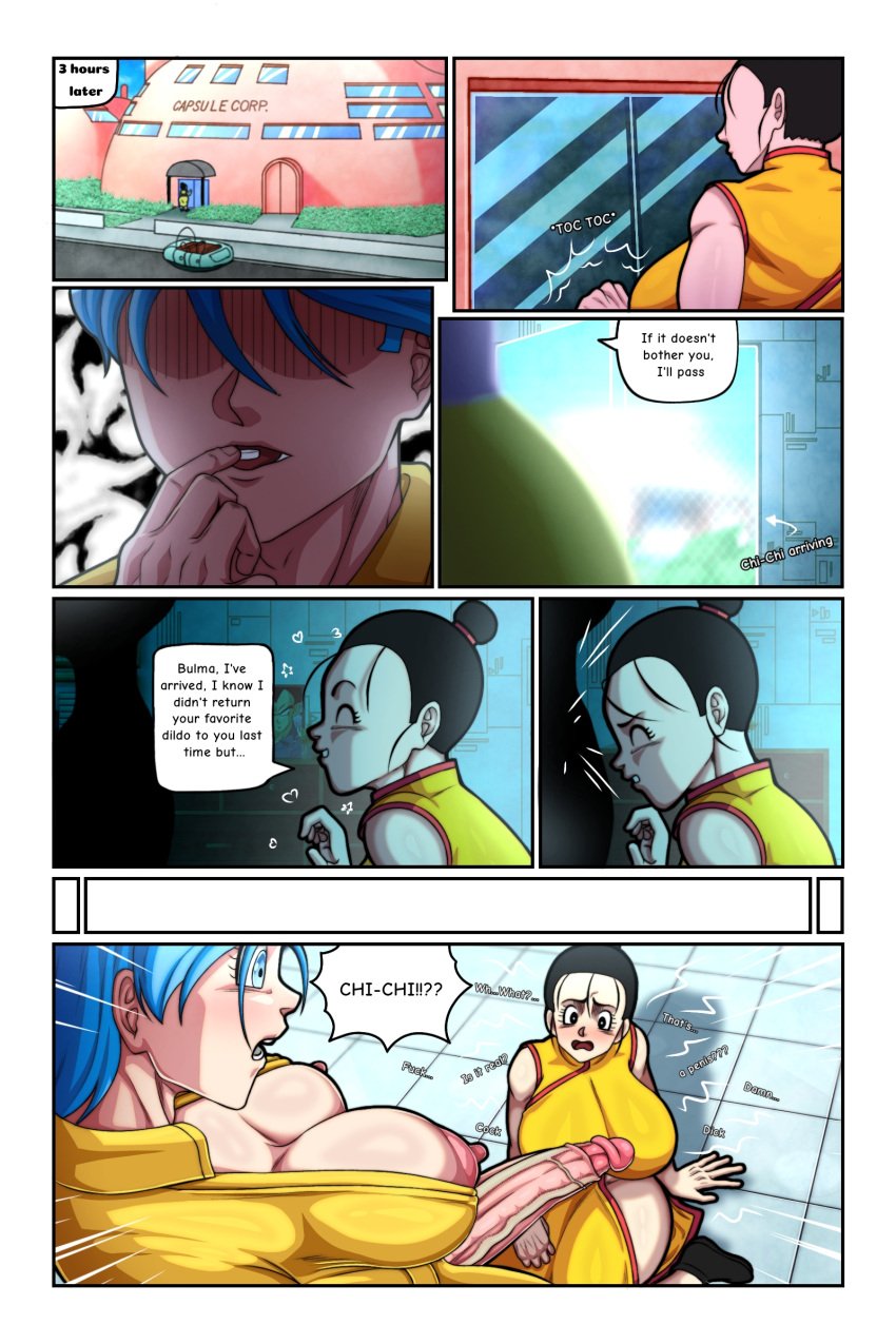 1girls 2boys areola areolae ass ass_grab big_areola big_ass big_balls big_breasts big_butt big_nipples breasts bulma bulma_(dragon_ball) bulma_briefs capsule_pill chichi clothed clothing comic comic_page dragon_ball dragon_ball_super dragon_ball_z female female_focus female_to_futa fully_clothed futanari_pills futanari_transformation goku hashimiro_takahi light-skinned_female light_skin male nipples nude pornography solo_focus son_goku standing text tits_out vegeta