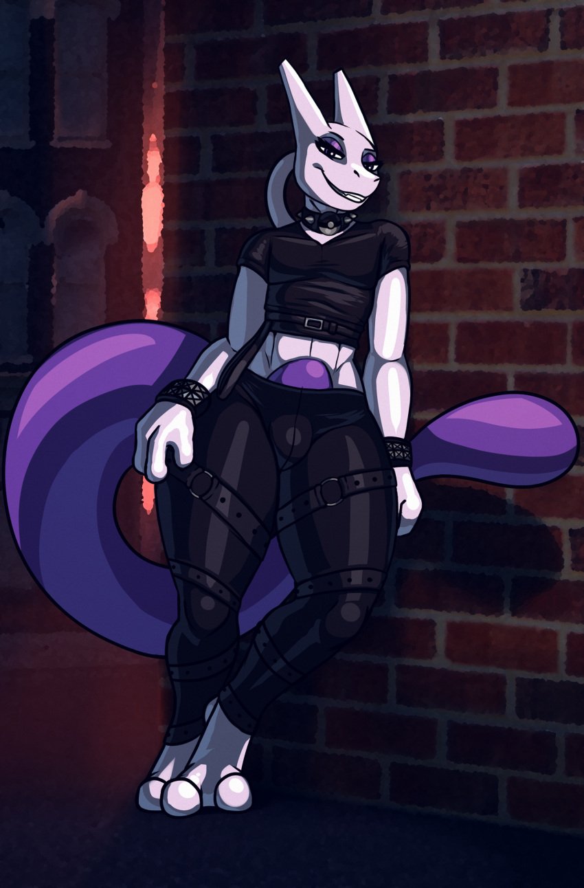 2_toes 3_fingers alley anthro background black_clothing bracelet bracelets bulge clothed clothing feline game_freak hi_res highres klent leaning_on_wall legendary_pokémon long_tail looking_at_viewer makeup male mewtwo nintendo pokeball pokemon pokemon_(species) smile solo spiked_collar thick_thighs white_fur