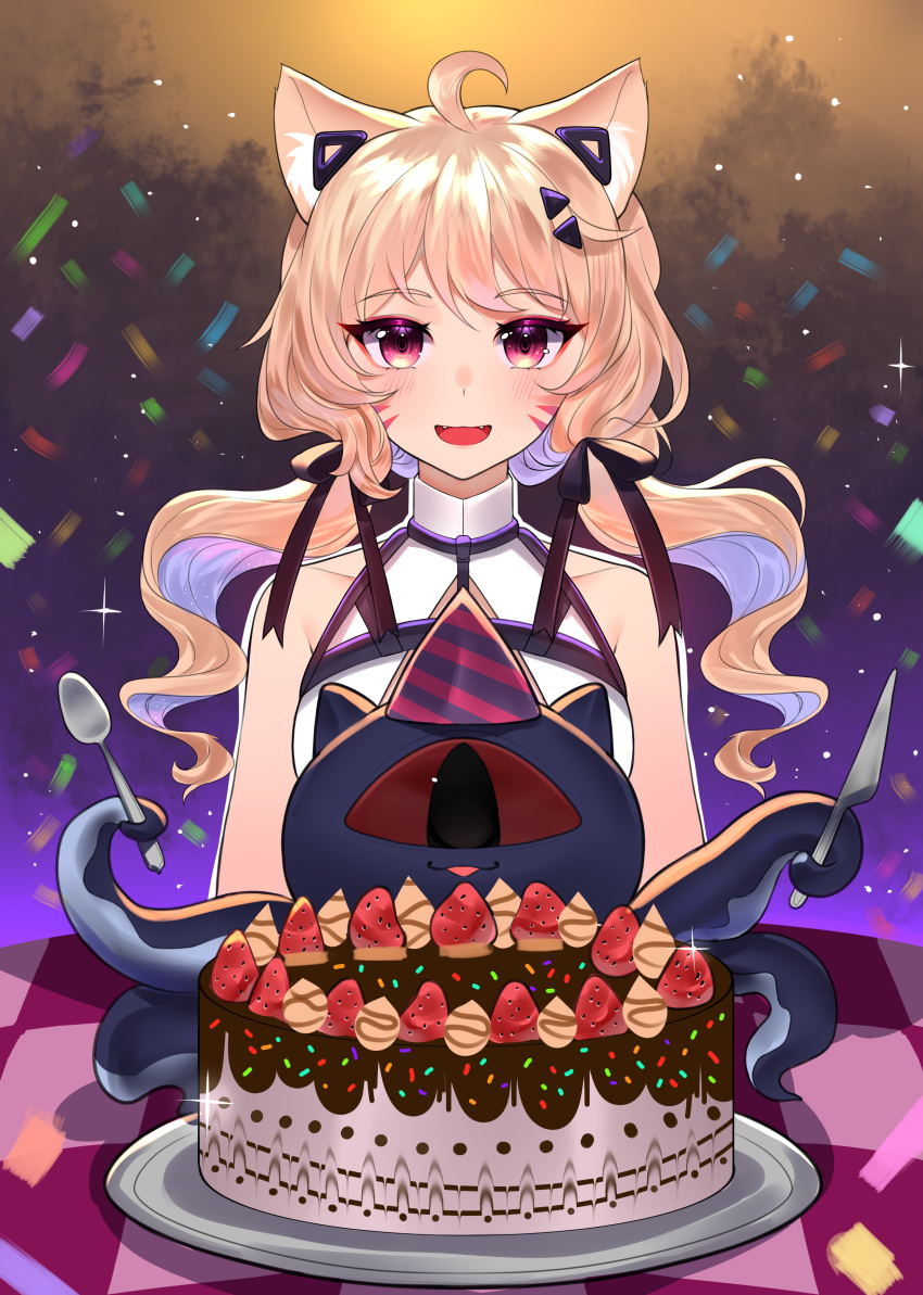 1girl :d ahoge animal_ears argyle argyle_background argyle_legwear bangs bare_shoulders birthday_cake black_gloves blonde_hair blush bow cake cat_ears catgirl checkered checkered_background checkered_floor chess_piece confetti diamond_(shape) dress eyebrows_visible_through_hair face_markings facial_mark female_only fire food fork fruit gloves hair_ornament holding holding_fork knife long_hair looking_at_viewer low_twintails open_mouth perspective red_eyes sleeveless sleeveless_dress smile solo squchan_(vtuber) strawberry striped tile_floor tiles twintails virtual_youtuber vyugen