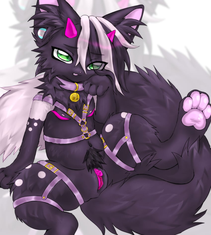 2023 absurd_res anthro bell bell_collar big_tail black_pubes collar cute_fangs digital_media_(artwork) domestic_cat ear_piercing felid feline felis female fur genitals green_eyes harness hi_res hindpaw horn kemono lgbt_pride magenta_horn magenta_pussy mammal open_mouth pawpads paws piercing pink_pawpads pride_colors pride_pin pubes purple_body purple_collar purple_fur purple_harness pussy scar somberpaw spread_legs spreading tail transgender_pride_colors two_tone_tail