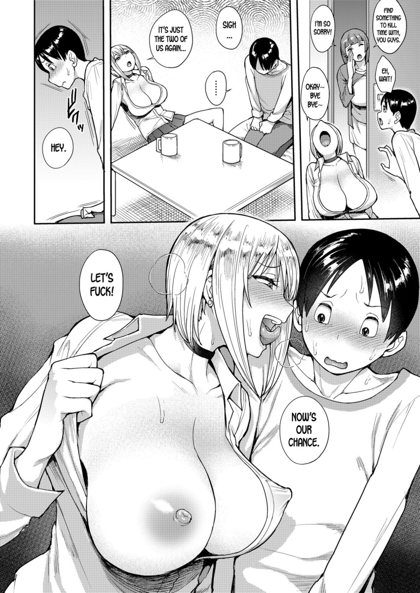 1boy 2girls big_breasts cheating cheating_boyfriend dominant_female english_text manga manga_page one_breast_out temptation text undressing unou