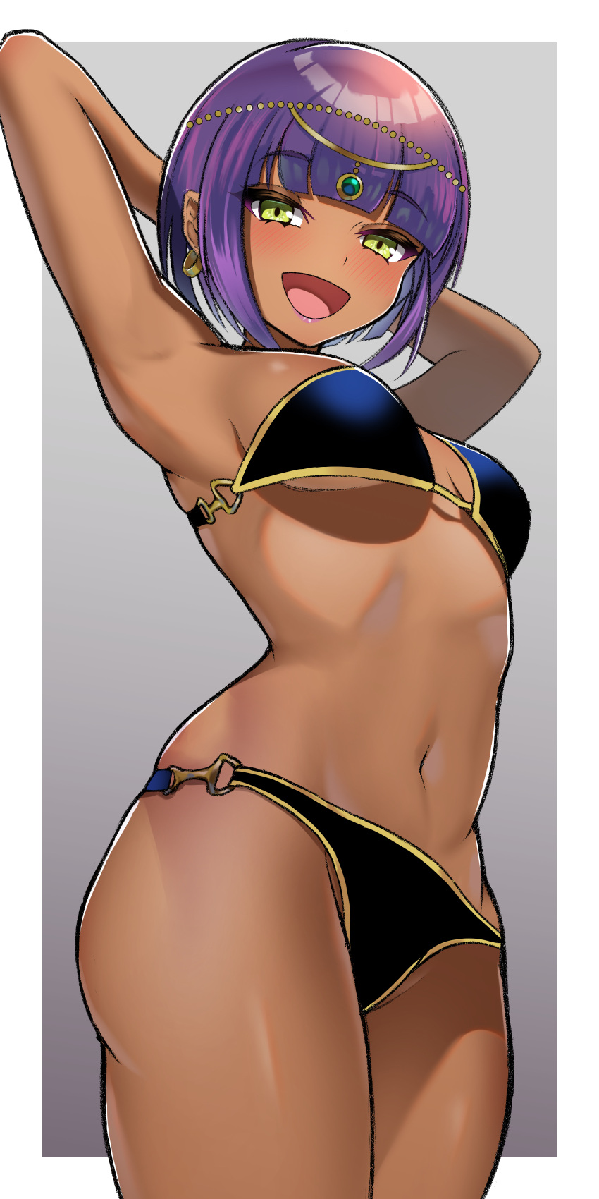 1girls 2023 :d alternate_costume arms_behind_head arms_up big_breasts bikini black_bikini blunt_bangs bob_cut breasts busty cowboy_shot dark-skinned_female dark_skin earrings egyptian female female_only from_below green_eyes highres hoop_earrings jewelry large_breasts looking_at_viewer menat_(street_fighter) navel open_mouth pose posing purple_hair sato_one1 sexy_armpits short_hair smile smiling smiling_at_viewer solo street_fighter street_fighter_v swimsuit thighs tiara very_high_resolution