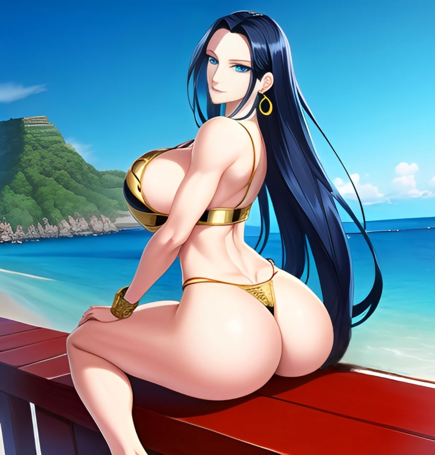 1girl 1girls ai_generated amazon amazonian anime anime_style ass ass_focus athletic athletic_female back_view backside beach big_ass big_butt bikini black_hair blue_eyes boa_hancock bubble_butt cougar earrings enmashusui female female_only fit fit_female gold_(metal) gold_bikini gold_jewelry light-skinned_female light_skin looking_at_viewer looking_back looking_back_at_viewer milf ocean one_piece pinup pursed_lips rear_view seaside side_view sideboob sitting sitting_down sitting_on_object sitting_on_wall swimsuit thick thick_ass thighs thong thong_bikini toned toned_female viewed_from_behind