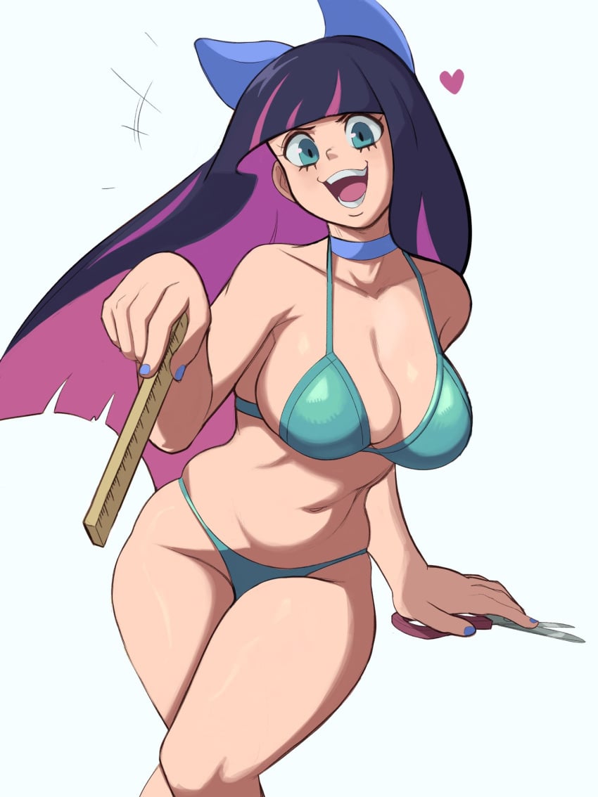 1girls 2023 aqua_eyes bikini blue_hair breasts choker dark_blue_hair female female_only heart hi_res long_hair looking_at_viewer milkmountain open_mouth panty_&_stocking_with_garterbelt pink_hair smiling smiling_at_viewer solo stocking_anarchy two_tone_hair white_background