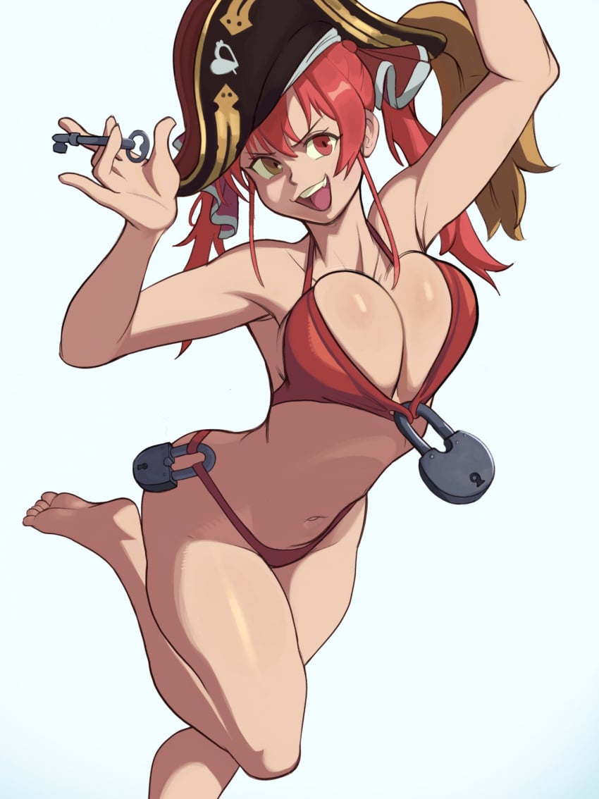 1girls 2023 bent_leg bikini brown_eyes female female_only heterochromia hi_res hololive hololive_fantasy hololive_japan houshou_marine leg_up looking_at_viewer milkmountain open_mouth pirate pirate_hat red_eyes red_hair smiling smiling_at_viewer solo standing_on_one_leg twintails virtual_youtuber