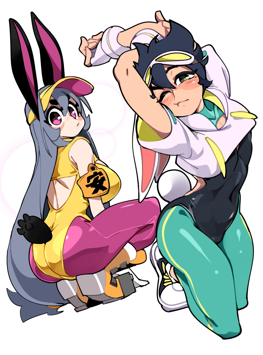 2girls absurd_res black_hair bongfillstudent bunny_ears bunny_girl bunny_industry_(bongfillstudent) bunny_tail bunnysuit crouching female female_only fingerless_gloves glasses_on_head green_leggings grey_hair hoodie kneeling leggings long_hair looking_at_viewer one_eye_closed pantyhose pink_pantyhose purple_eyes short_hair stretching tank_bunny_(bongfillstudent) thick_eyebrows tom_bunny_(bongfillstudent) tomboy white_background