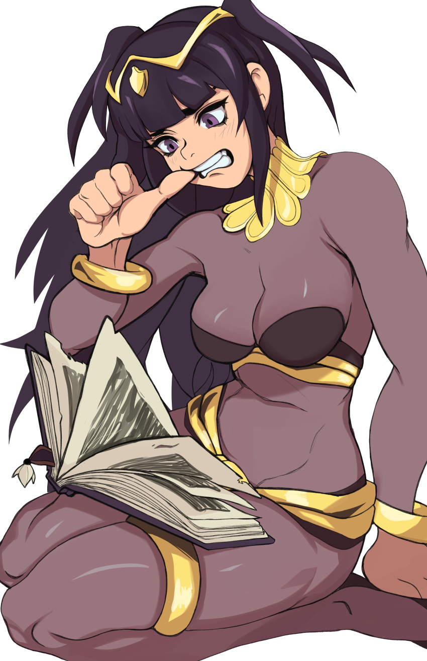 1girls 2022 absurd_res biting_finger biting_own_finger black_hair bodystocking book breasts female female_only fire_emblem fire_emblem_awakening kneeling long_hair medium_breasts milkmountain nintendo purple_eyes reading solo teeth_clenched tharja_(fire_emblem) white_background