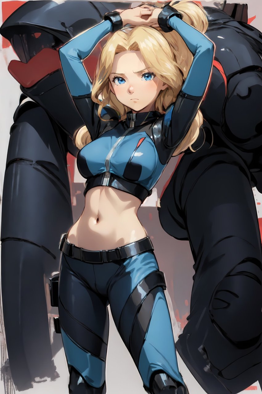 3/4_view abdomen ai_generated arms_up bare_midriff belly belt blonde_hair blue_eyes catsuit female grown_up maria_robotnik medium_breasts midriff navel pixai secret_agent serious_face soldier sonic_(series) sonic_the_hedgehog_(series) spy younger_female