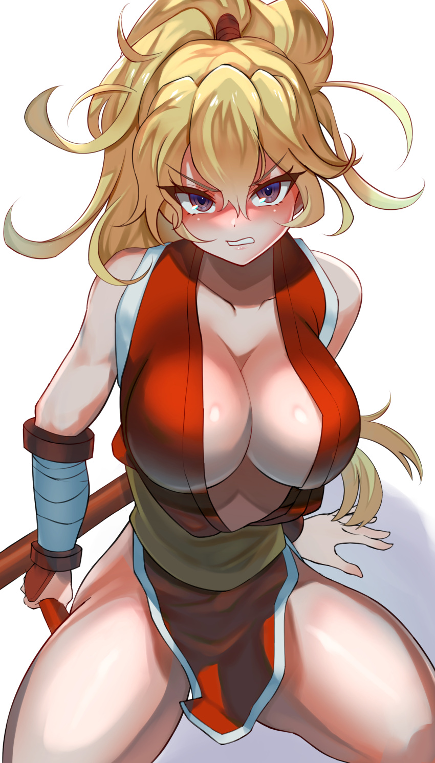 1girls 2023 angry angry_face bare_shoulders blonde_hair breasts cleavage female female female_only final_fight highres inner_sideboob large_breasts long_hair looking_at_viewer maki_genryusai ninja pelvic_curtain purple_eyes sato_one1 solo street_fighter teeth_clenched very_high_resolution