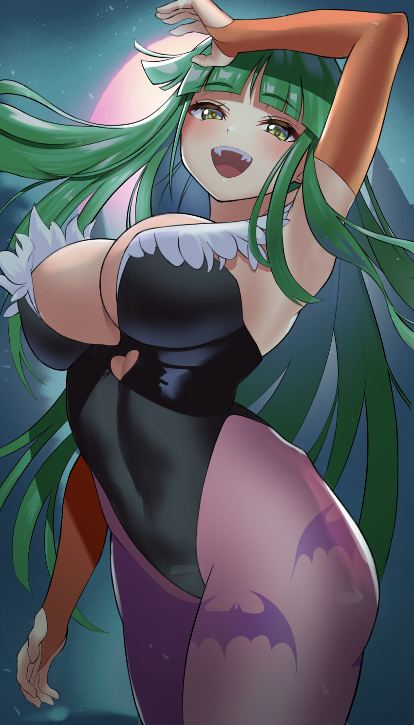 1girls 2023 animal_print bat_print big_breasts black_leotard blush breasts bridal_gauntlets capcom clothing clothing_cutout covered_navel darkstalkers demon_girl elbow_gloves female female_only gloves green_eyes green_hair heart_cutout highres large_breasts leotard long_hair looking_at_viewer morrigan_aensland open_mouth orange_gloves pantyhose print_pantyhose purple_pantyhose sato_one1 smiling smiling_at_viewer solo succubus very_high_resolution