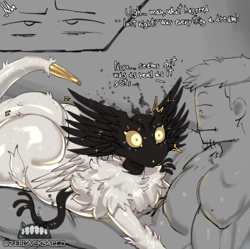 2023 2boys 4_arms black_fur digital_media_(artwork) feathered_wings feathers fur golden_tipped_tail grey_background grey_body hi_res looking_at_partner looking_up male_only monster sparkles tail the_nightmare_(zeblackballd) waist_grab white_fur white_skin wings yellow_eyes yellow_mouth zeblackballd_(artist)