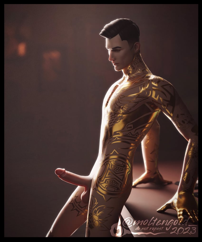 2023 3d balls black_hair erection fortnite gold_(metal) gold_eyes leaning_back looking_down male male_only midas_(fortnite) moltengoldart nude nude_male pale_skin penis posing solo table tattoos