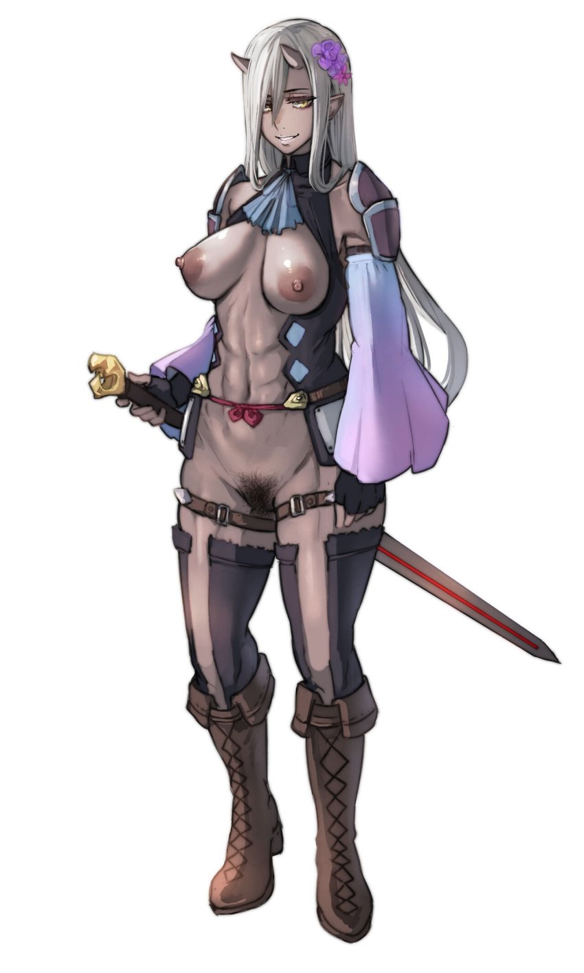 1girls 2019 abs absurd_res armor black_gloves boots breasts clothing dark-skinned_female dark_skin detached_sleeves female female_only flower full_body gloves grey_hair hair_flower hand_on_hilt highres horns long_hair looking_at_viewer medium_breasts navel nipples ogre ogre_female original pepe_(jonasan) pointy_ears pubic_hair purple_flower pussy revealing_clothes shoulder_pads simple_background smile solo standing sword teeth thigh_strap thighs toned toned_female very_long_hair weapon white_background yellow_eyes