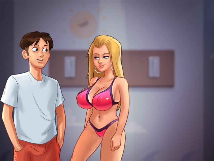 1boy 1girls 2d belly_piercing big_breasts bikini bikini_bottom bikini_top blonde_hair blonde_hair blue_eyes bottomwear bra breasts brown_hair cameltoe changing_room clothed clothing darkcookie digital_drawing_(artwork) digital_media_(artwork) duo ear_piercing earrings female huge_breasts light-skinned_female light-skinned_male light_skin long_hair looking_at_another looking_at_partner main_character_(summertime_saga) male male/female micro_bikini nipples nipples_visible_through_clothing panties piercing piercings pussy_lips roxxy_(summertime_saga) shirt shorts smile smiling standing summertime_saga tanline tanlines topwear