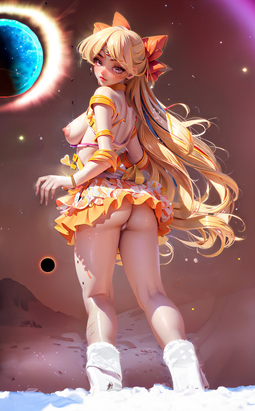 1girls ai_generated armorphiss ass behind_view bishoujo_senshi_sailor_moon blonde_hair bow breasts butt clothing female legs looking_at_viewer looking_back medium_breasts minako_aino miniskirt nipples panties petite planet ponytail presenting_ass sailor_senshi sailor_uniform sailor_venus scars shredded_clothes skirt skirt_up slim small_ass smooth_skin snow sock star sweat teenager