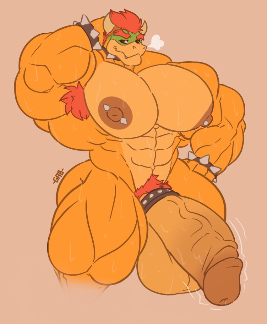 anthro armpit armpit_hair balls bara big_balls big_penis bowser cock_ring flaccid gab_art gay hairy_armpits hand_behind_head male male_only mario_(series) muscles muscular nintendo nipples nude penis red_hair scalie solo solo_male spiked_bracelet sweat sweating