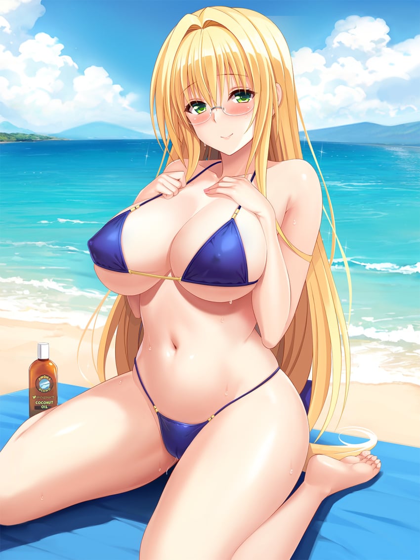 1girls bare_shoulders barefoot beach beach_towel bikini blonde_hair blue_bikini breast_suppress breasts collarbone covered_nipples cygnus_(cygnus7) day feet female glasses green_eyes hair_between_eyes hair_intakes highres large_breasts long_hair looking_at_viewer lotion_bottle navel outdoors rimless_eyewear sand shore sitting smile soles solo sunlight swimsuit teacher tearju_lunatique thighs to_love-ru to_love-ru_darkness toes towel twitter_username underboob very_long_hair voluptuous wariza water