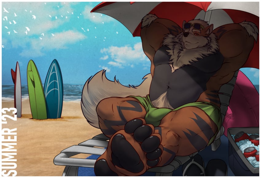 2023 anthro arcanine beach beach_chair biceps bulge canid canine clothed clothing cobaltgrande eyewear eyewear_on_head footwear generation_1_pokemon hands_behind_head hi_res male male_only mammal muscular muscular_anthro muscular_male navel nintendo pawpads pokemon pokemon_(species) red_eyes sand sandals seaside sitting sky solo sunglasses sunglasses_on_head surfboard swim_ring swimwear thick_thighs topless umbrella windie