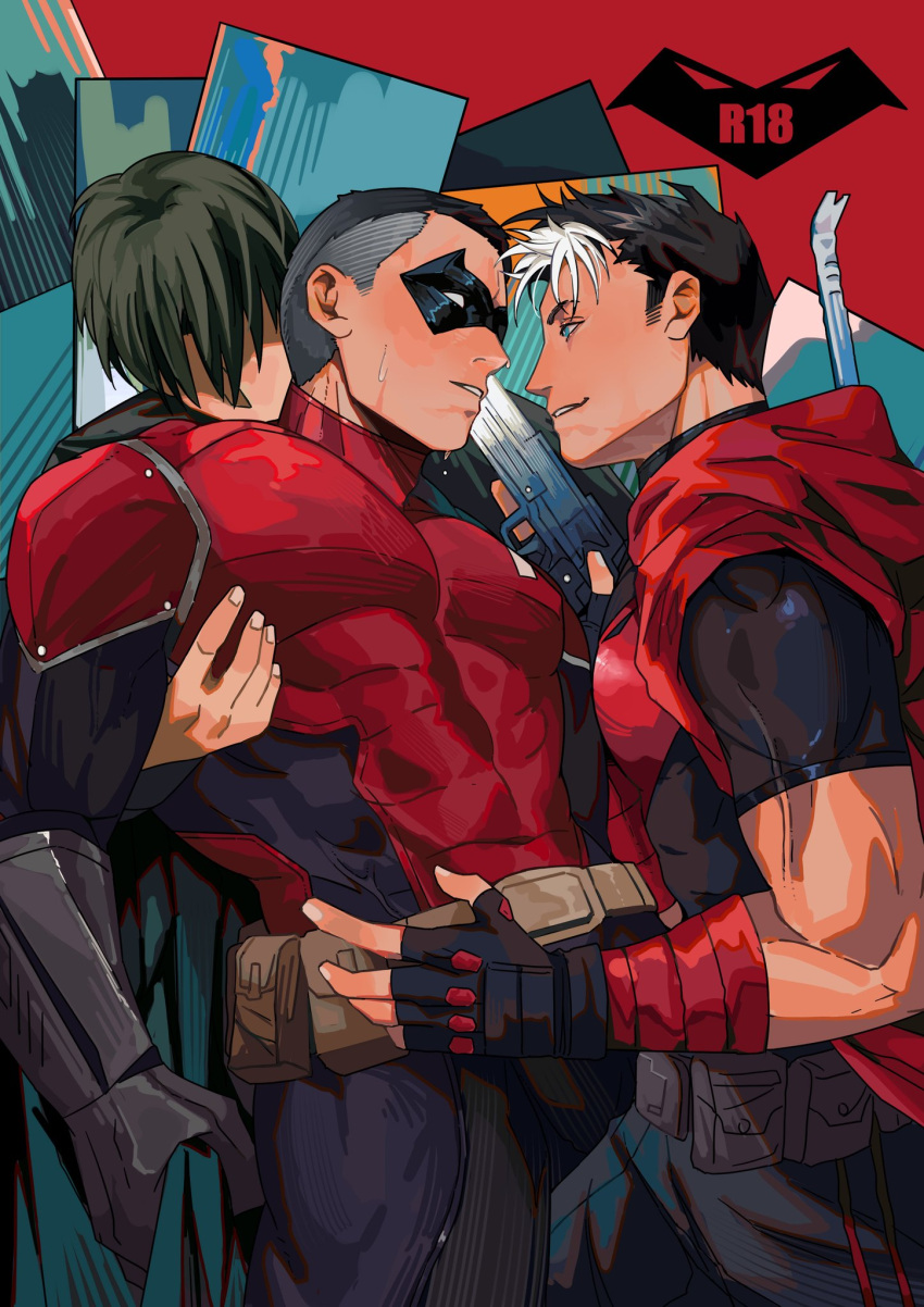 3boys abs batman_(series) buff crowbar dc dc_comics dick_grayson doufujintianxianle fingerless_gloves gun jason_todd male male_only mask multiple_boys muscles muscular muscular_male nightwing no_visible_genitalia pecs red_hood_(dc) red_robin tight_clothing tim_drake