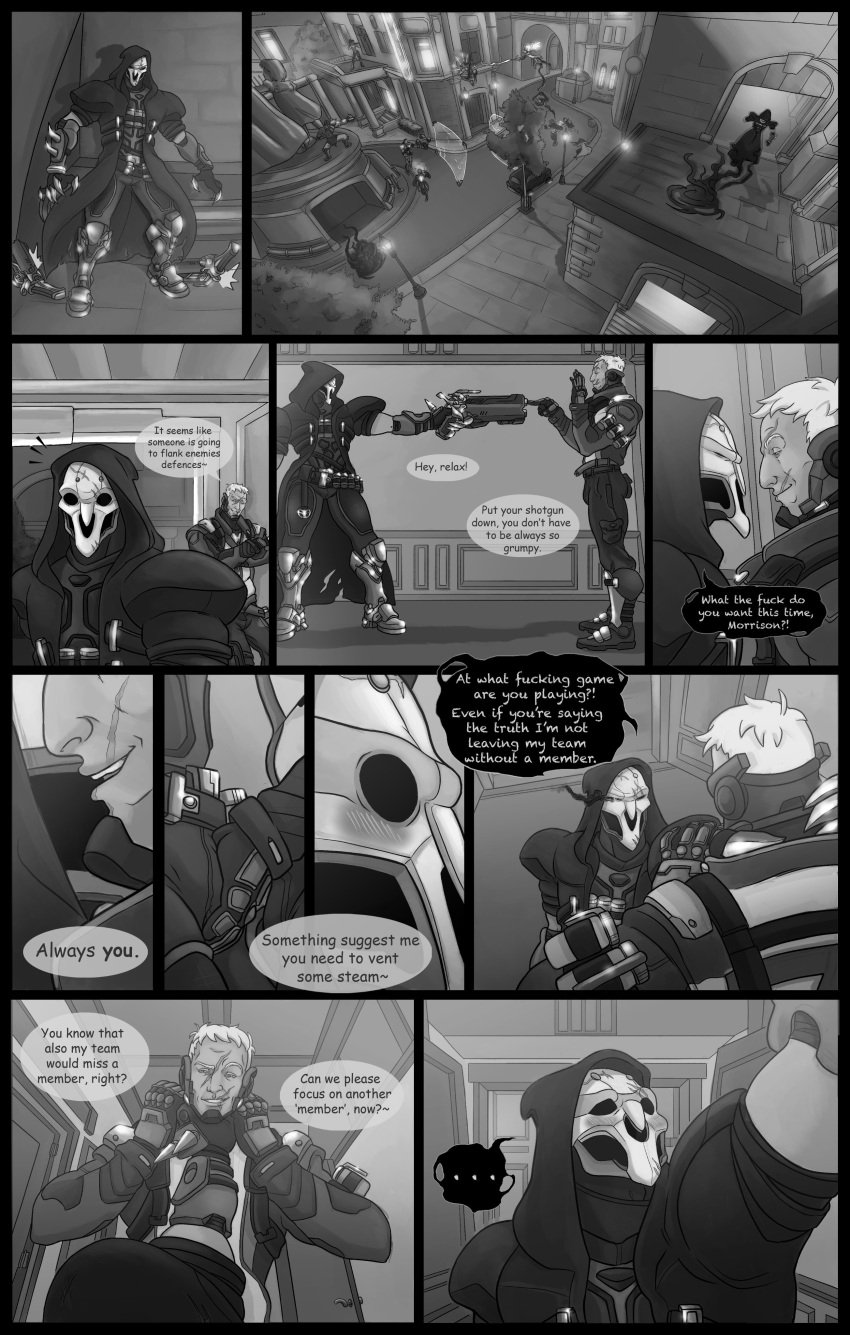 2boys activision bara barazoku blizzard_entertainment bulge clothing comic dialogue english_text gabriel_reyes gay hi_res highres jack_morrison jayla_comics male male/male male_focus male_only manly monochrome overwatch overwatch_2 reaper scar soldier_76 text