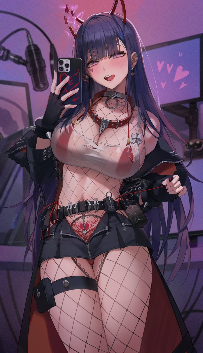 1girls absurdres akuma_nihmune ass_visible_through_thighs belt belt_pouch between_breasts bikini bikini_under_clothes black_belt black_coat black_gloves black_skirt blunt_bangs blush breasts broken_horn coat collar commentary ear_piercing earrings female female_only fingerless_gloves fishnets gloves heart heart_earrings highleg highleg_bikini highres holding holding_phone horns indie_virtual_youtuber jewelry large_breasts licking_lips long_hair looking_at_viewer maenoo metal_collar microphone monitor navel official_alternate_costume open_clothes open_coat partially_unzipped phone piercing pouch pubic_tattoo purple_hair red_bikini red_collar revealing_clothes see-through side-tie_bikini_bottom skirt smartphone_case solo straight_hair succubus succubus_tattoo swimsuit tattoo teeth thigh_gap thigh_pouch thigh_strap tongue tongue_out tongue_piercing upper_teeth_only very_long_hair virtual_youtuber zipper zipper_pull_tab