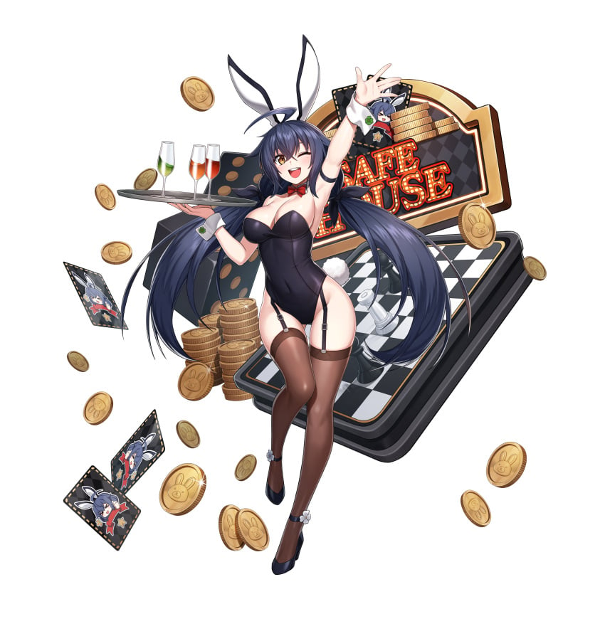 absurdres ahoge alpha_transparency alternate_costume animal_ears arm_up black_footwear black_hair board_game breasts card chess cleavage coin counter:side cup dash_(counter:side) drinking_glass fake_animal_ears female full_body groin highres leotard long_hair official_alternate_costume official_art one_eye_closed playboy_bunny playing_card tachi-e thighhighs transparent_background tray yellow_eyes