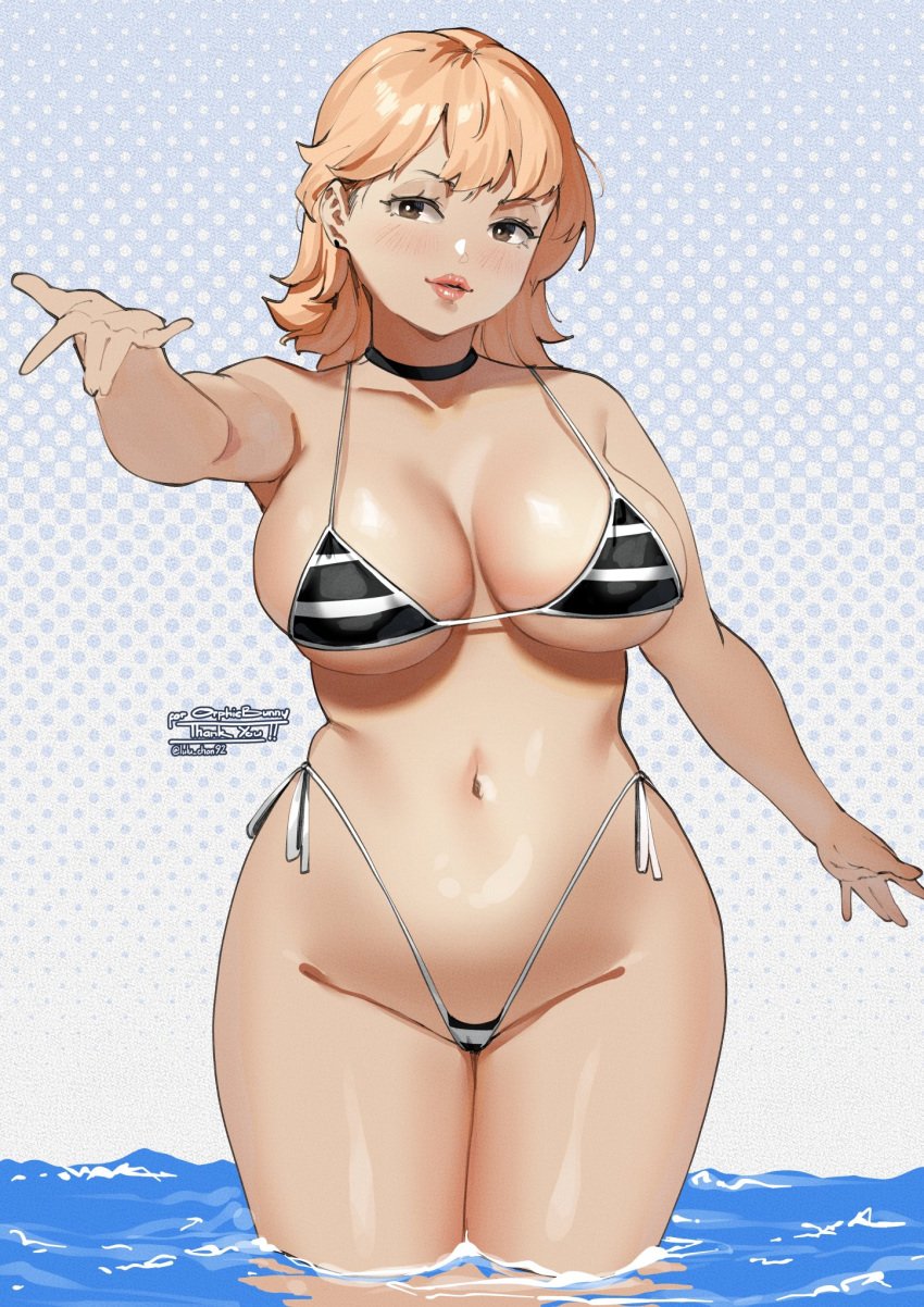 1girls beach belly belly_button bikini blonde_hair child_bearing_hips commission curvy curvy_female curvy_figure female female_only highleg highleg_panties highleg_swimsuit light-skinned_female light_skin lulu-chan92 original_character short_hair solo solo_female solo_focus thin_waist wide_hips